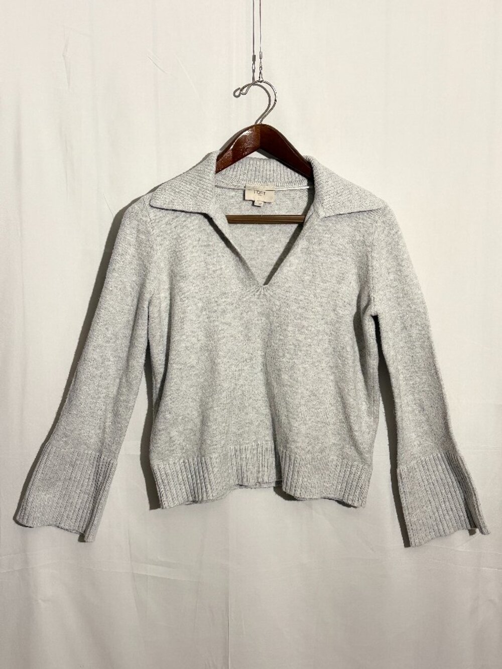 LOFT Outlet Gray Collared V Neck Sweater Small Cotton Blend Long Sleeve